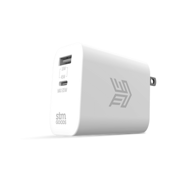 65W Dual Port USB-C and USB-A Power Adapter In White Front Left Angle View#color_white