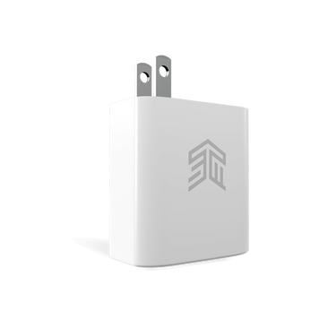 65W Dual Port USB-C and USB-A Power Adapter In White Front Left Angle Top View#color_white