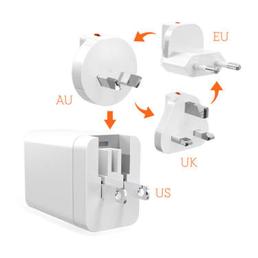 65W Three Port USB-C/A Universal Travel Power Adapters For US, AU, EU and UK In White Front Right Angle View#color_white
