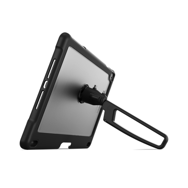 Dux Grip for iPad 9th/8th/7th gen In Black Back Right Angle View Standing#color_black