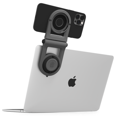 MagArm In Gray With Phone Above Open Laptop Right Angle View#color_gray