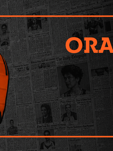 Promotional banner for Dux Pack Orange, featuring a man wearing a black jacket and holding an orange backpack against a dark newspaper-patterned background, with text reading 'ORANGE IS HERE', 'DUX PACK ORANGE AVAILABLE NOW', and a 'BUY NOW' button.